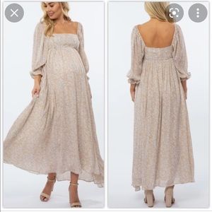 Pink blush Beige Chiffon Printed Square Neck Empire Maternity Maxi Dress